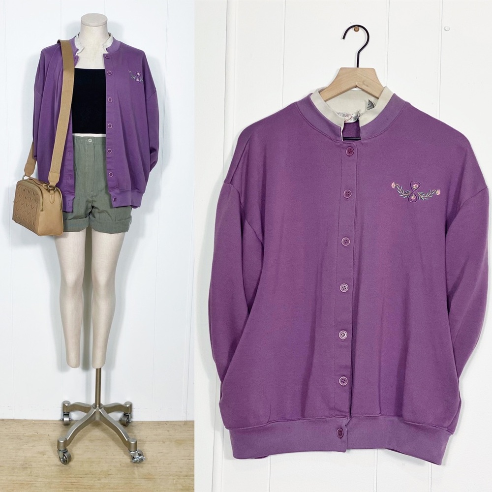 90’s Cozy Purple Coat ft. Embroidered Floral Detail | Vintage